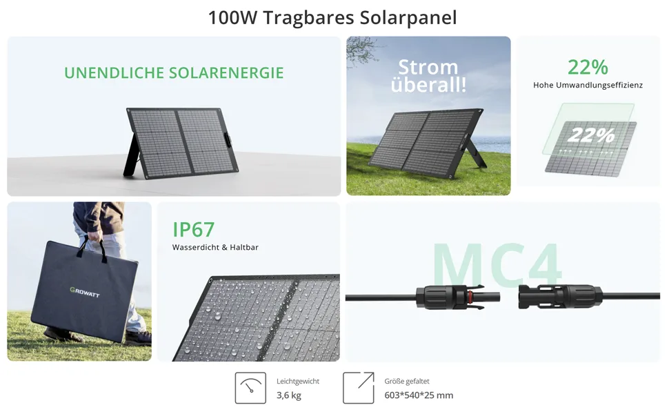 Growatt 100W Glas-Foil Opvouwbaar PV Module – draagbaar 100 W-zonnepaneel, IP67, MC4