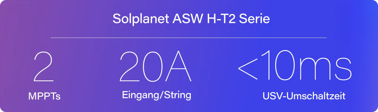 Solplanet ASW 05kH-T2 Hybrid Inverter – 2 MPPTs, 20 A per string, backup switchover under 10 ms