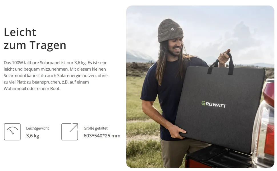 Growatt 100W Glas-Foil Opvouwbaar PV Module – gemakkelijk mee te nemen, 3,6 kg