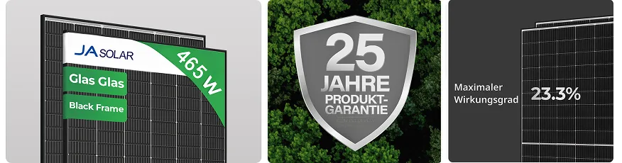 Black Frame 465 W JA Solar Glas-glas-zonnepaneel met 25 jaar garantie en een rendement van 23,3 %.