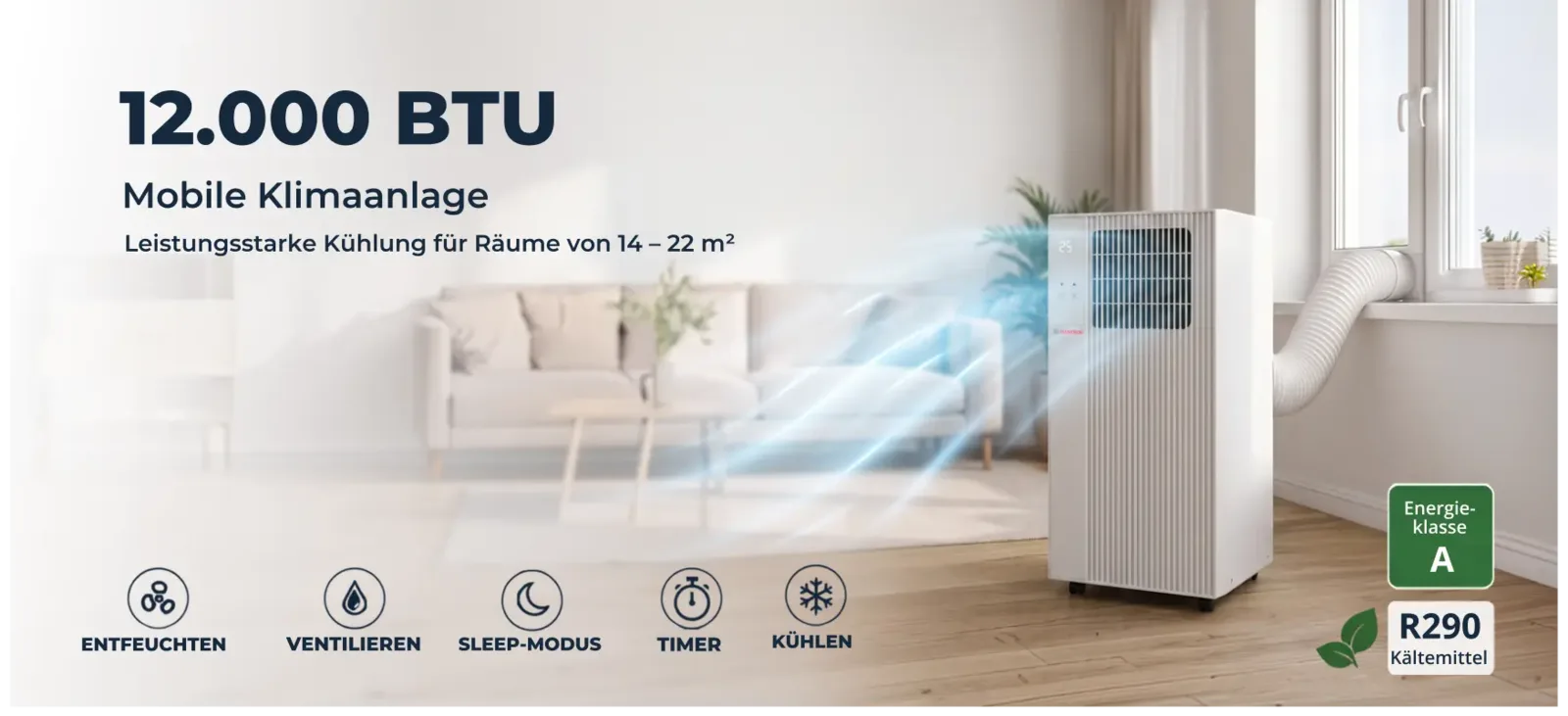 Hantech Climatizzatore Mobile 12K – Condizionatore portatile da 12.000 BTU