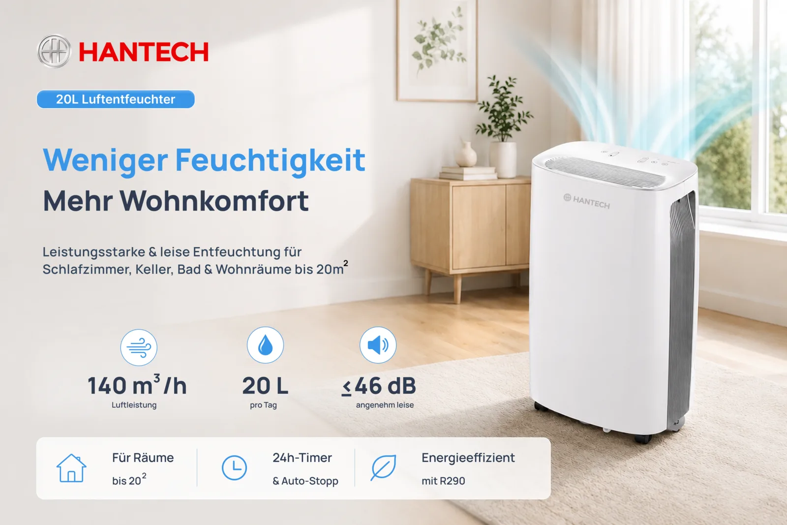 Hantech Dehumidifier 20 L/Day – less moisture, 20 litres per day