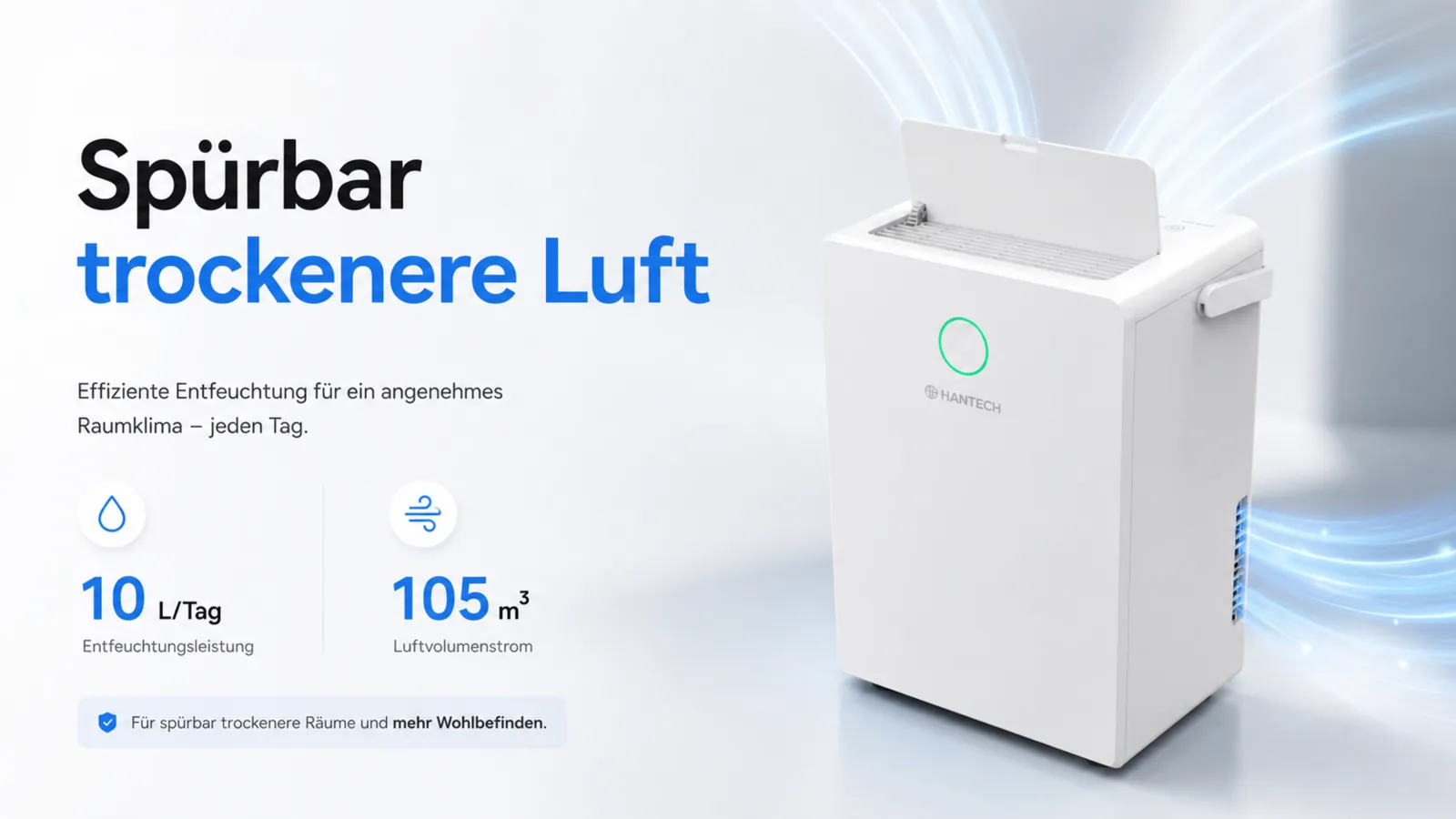 Hantech Déshumidificateur A/C 10 L/j – air nettement plus sec, 10 L par jour
