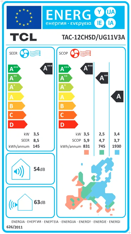 Étiquette énergétique de l’UE TCL TAC-12CHSD/UG11V3A