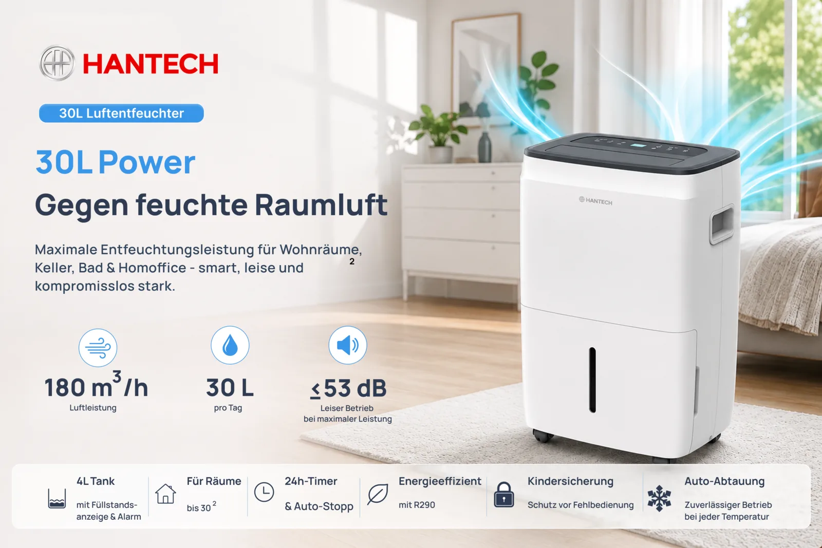 Hantech Luftentfeuchter 30 L/Tag – 30 L pro Tag gegen feuchte Raumluft