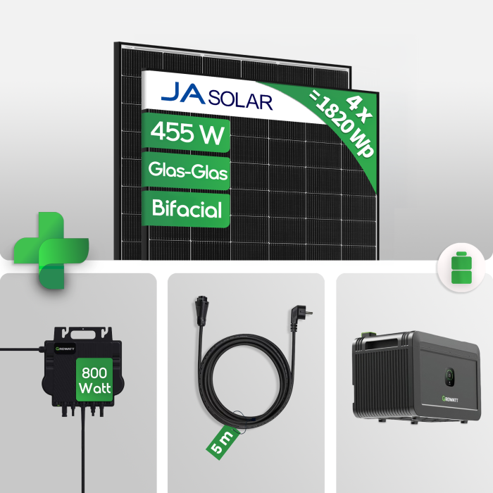 PV Set - 1.820 Wp Balkonkraftwerk mit NOAH 2000 Speicher + 600/800 W Mikrowechselrichter + JA Solar 455 W Bifazial Black Frame PV Modul