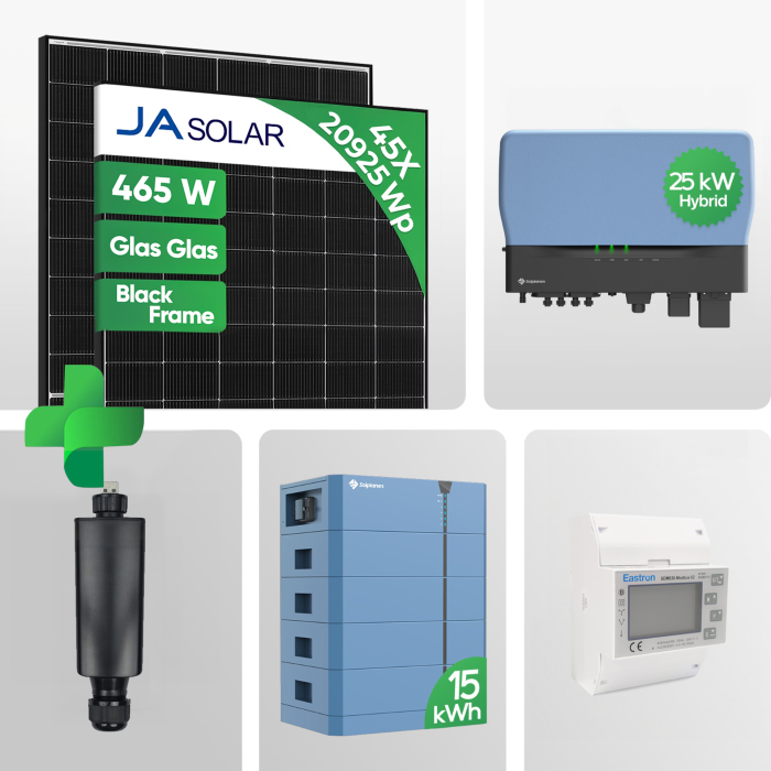 PV Set - 20.925 Wp Komplettanlage mit 15 kWh Speicher | JA Solar 465 W Black Frame Glas-Glas JAM54D40 LR Module