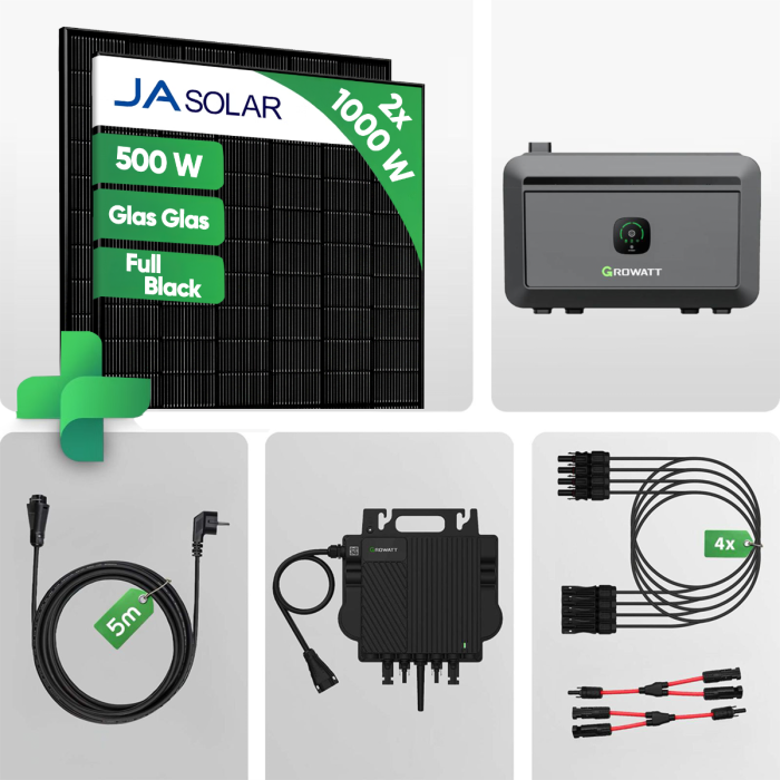 PV Set - 1000Wp Balkonkraftwerk mit JA Solar 500W Glas-Glas Bifacial Full Black Solar Modul + 2kWh Batterie + 600/800W Mikro Wechselrichter