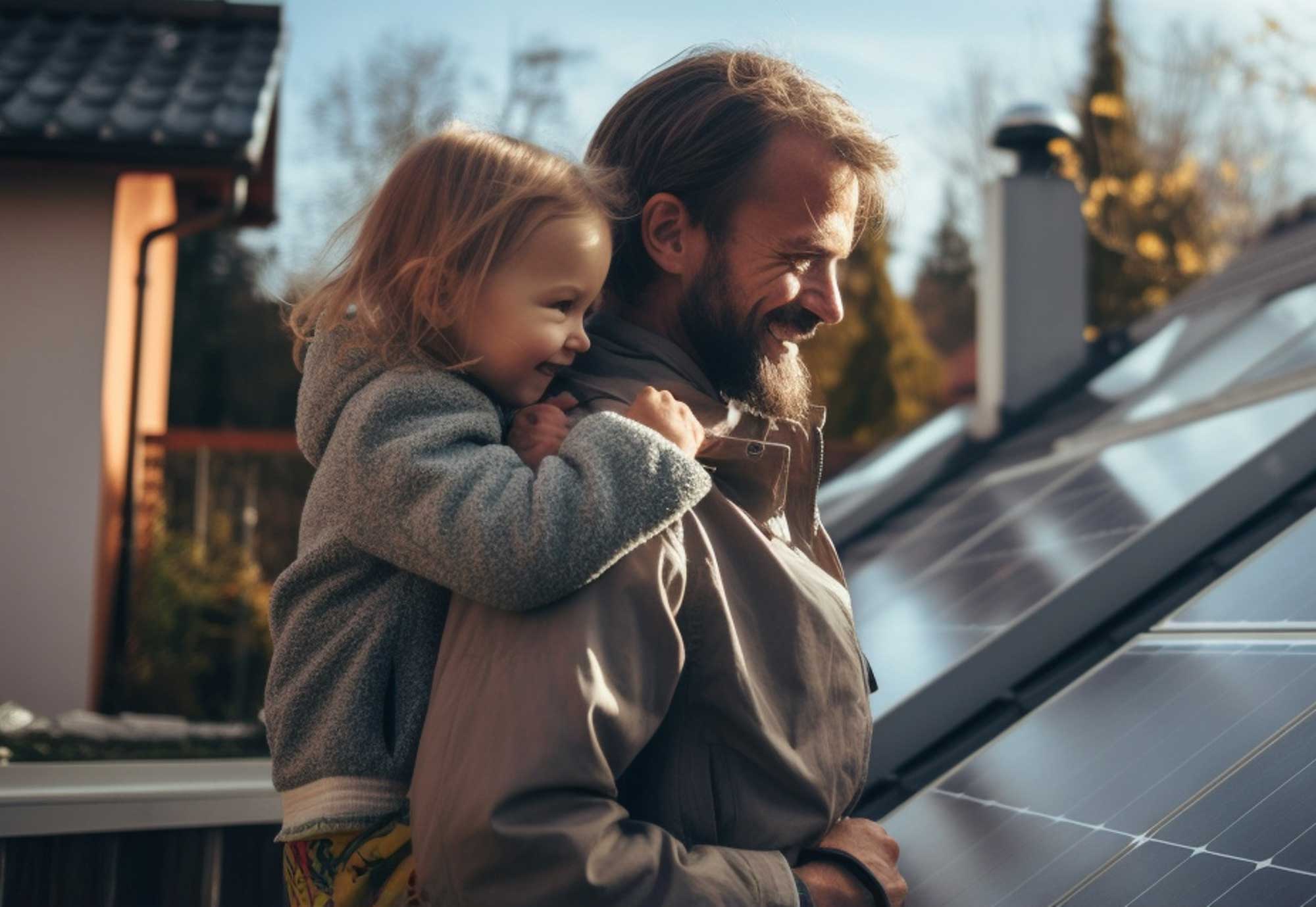 Vater mit seiner Tochter auf dem Rücken neben der Photovoltaikanlage auf dem Hausdach
